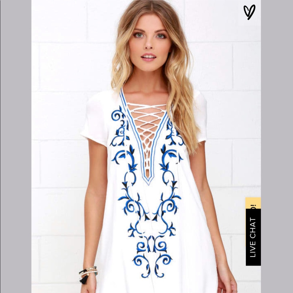 Lulu's white & blue embroidered shift dress
